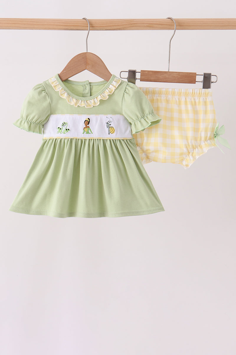 Green Princess Frog Embroidery Ruffle Bloomer Set - Aaria Tees Aaria Tees