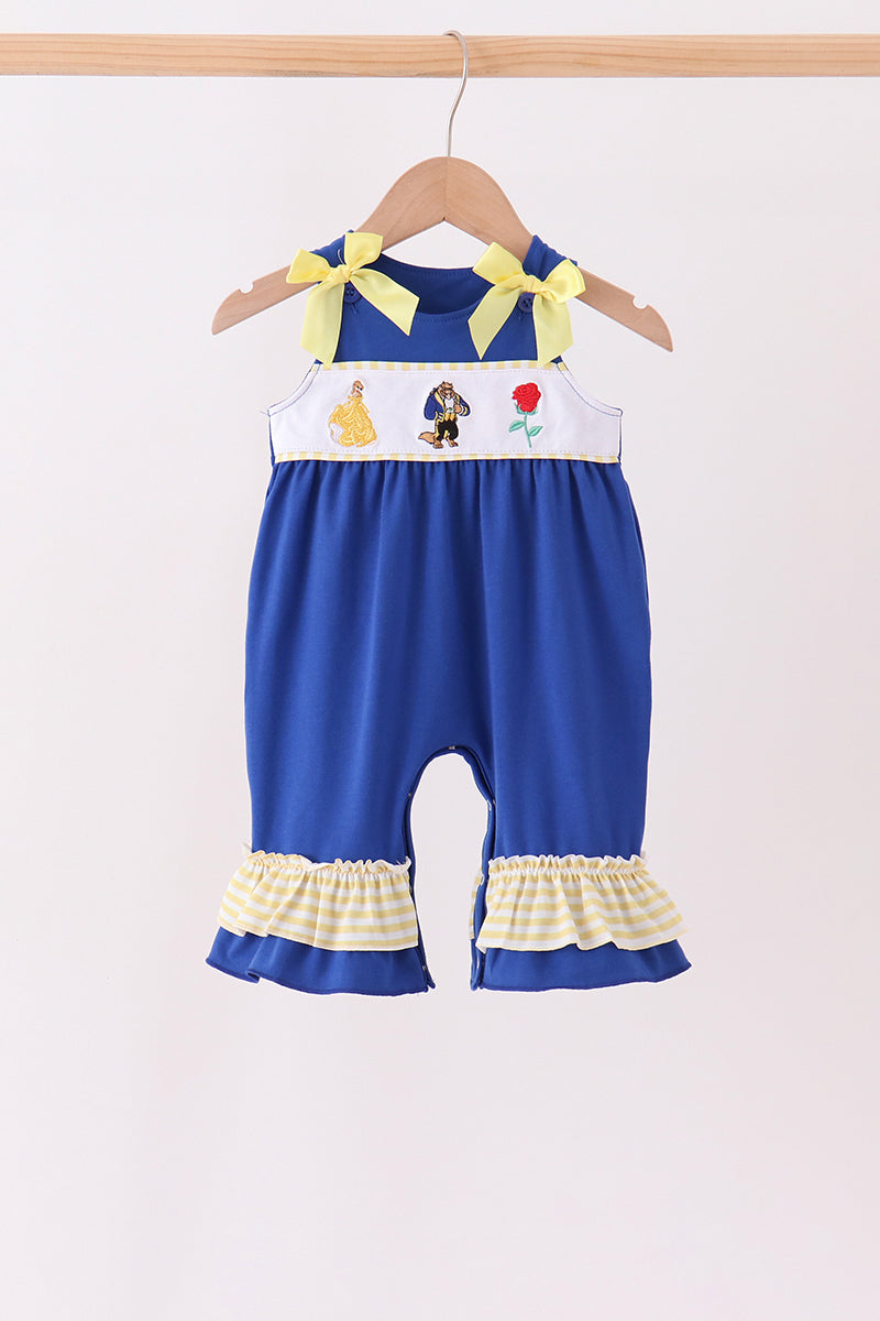 Royal Blue Character Embroidery Ruffle Romper - Aaria Tees