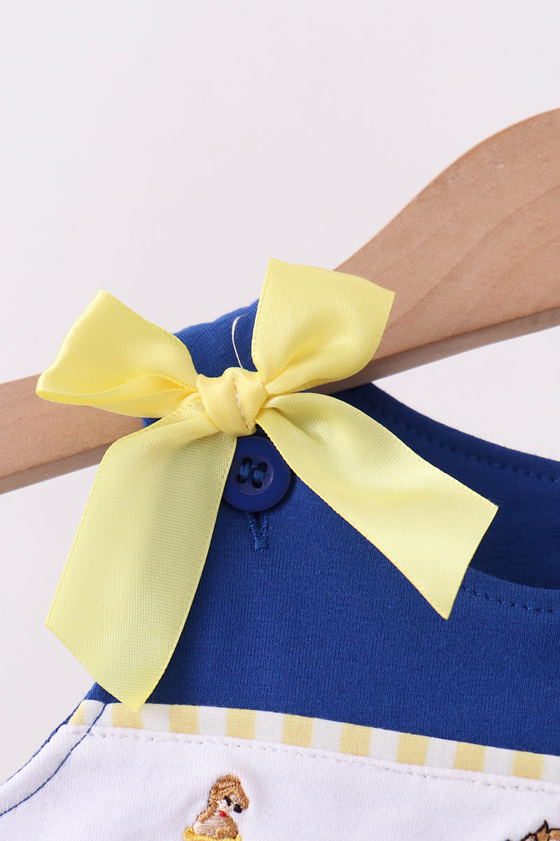 Royal Blue Character Embroidery Ruffle Romper - Aaria Tees Aaria Tees