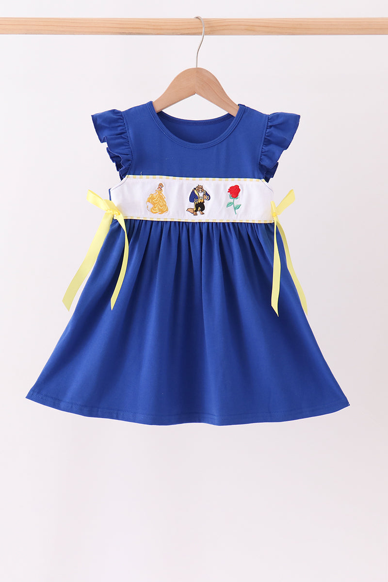 Royal Blue Character Embroidery Ruffle Dress - Aaria Tees Aaria Tees