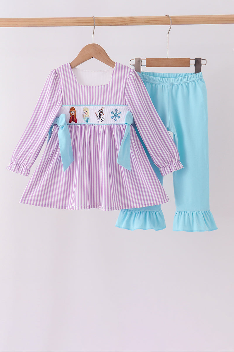 Purple Stripe Frozen Embroidery Ruffle Pants Set - Aaria Tees Aaria Tees