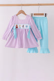 Purple Stripe Frozen Embroidery Ruffle Pants Set - Aaria Tees Aaria Tees
