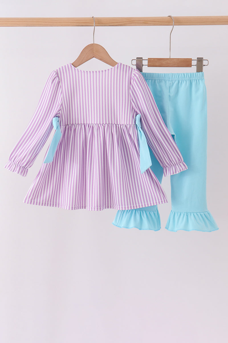Purple Stripe Frozen Embroidery Ruffle Pants Set - Aaria Tees Aaria Tees
