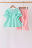 Green Character Smocked Ruffle Pants Set - Aaria Tees Aaria Tees
