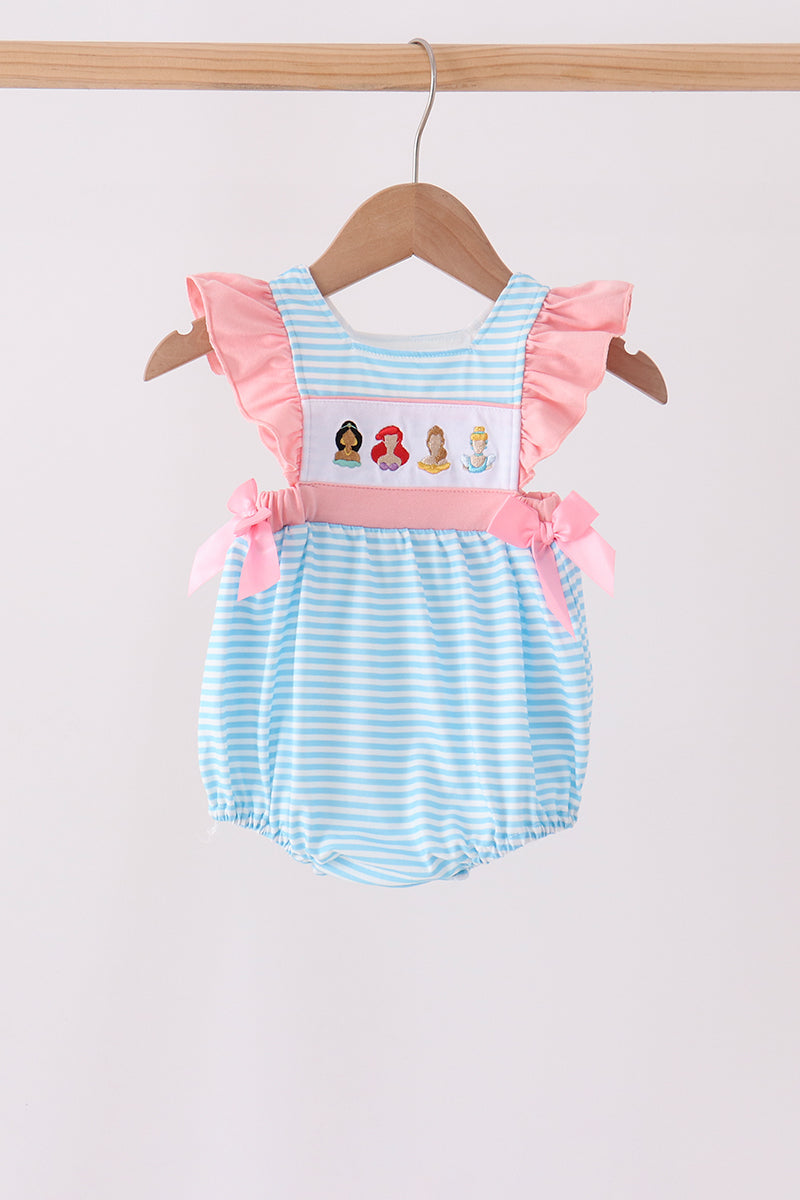 Blue Stripe Princess Embroidery Ruffle Bubble - Aaria Tees Aaria Tees