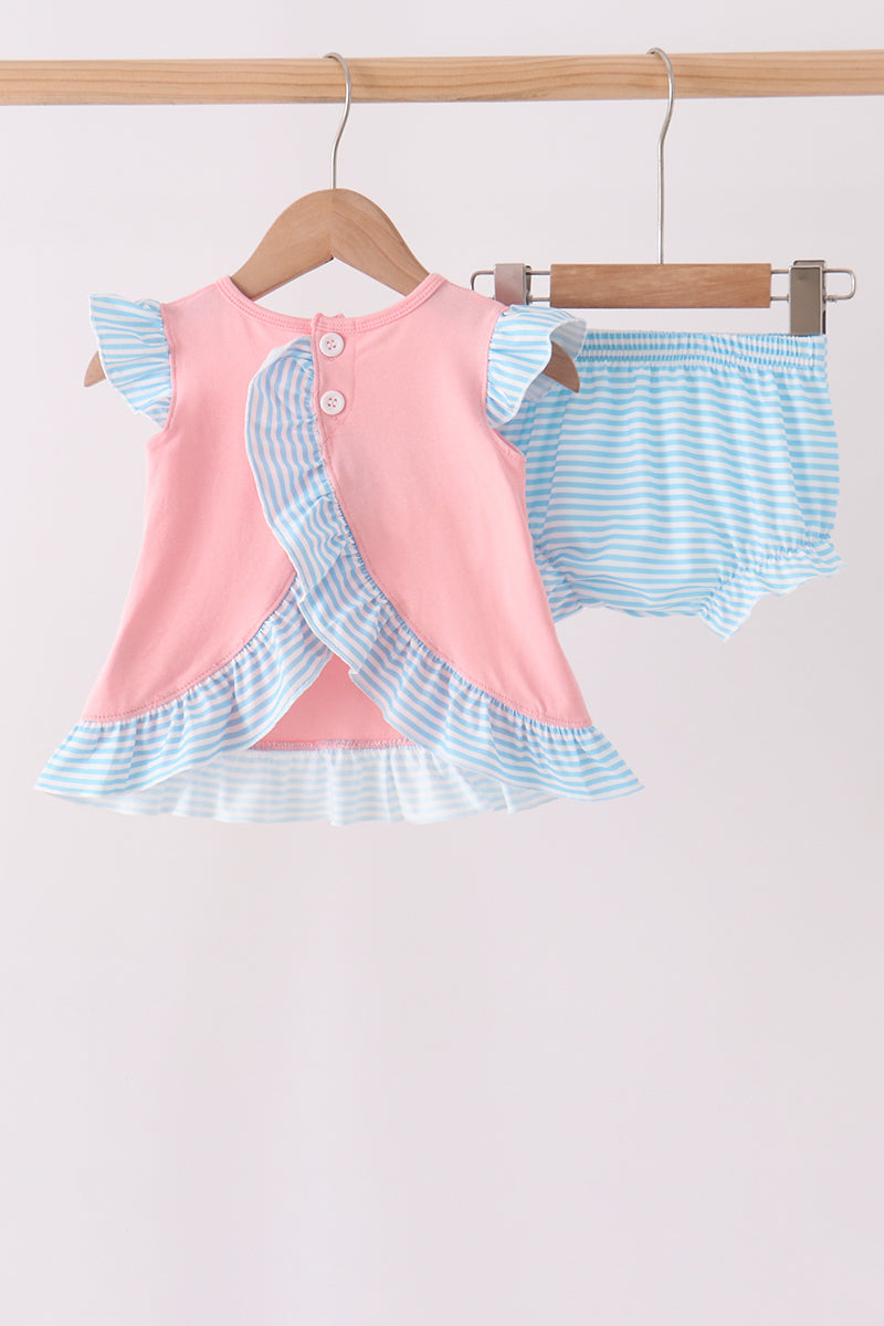 Pink Princess Embroidery Stripe Ruffle Bloomer Set - Aaria Tees Aaria Tees