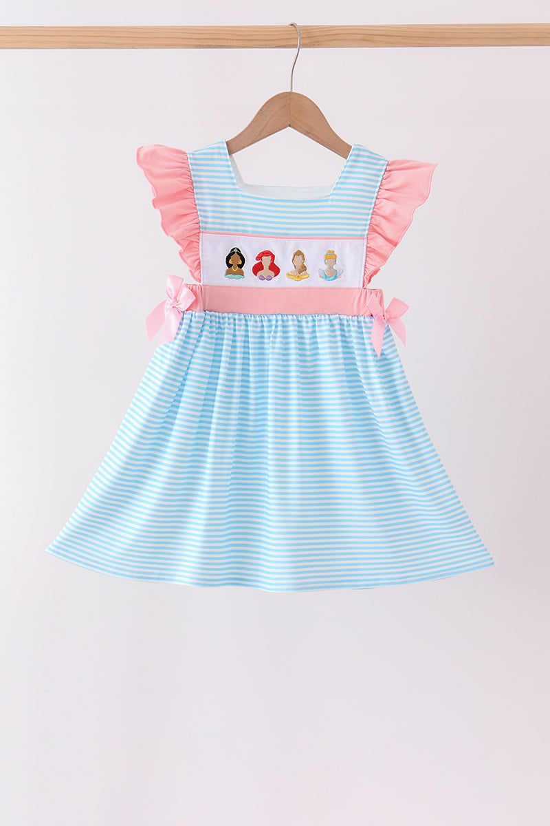 Blue Stripe Princess Embroidery Ruffle Dress - Aaria Tees Aaria Tees