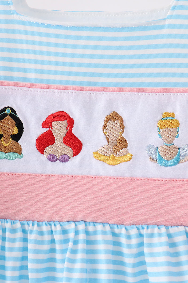 Blue Stripe Princess Embroidery Ruffle Dress - Aaria Tees Aaria Tees