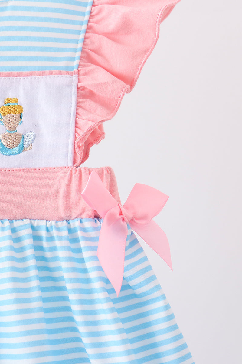 Blue Stripe Princess Embroidery Ruffle Dress - Aaria Tees Aaria Tees