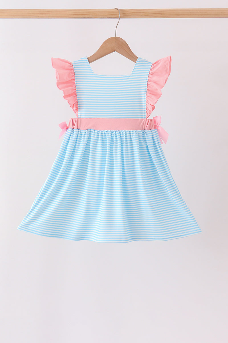 Blue Stripe Princess Embroidery Ruffle Dress - Aaria Tees Aaria Tees