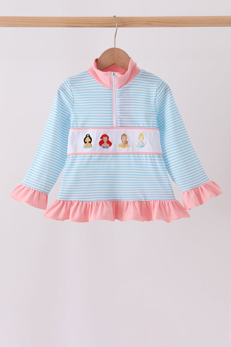 Blue Stripe Princess Embroidery Ruffle Pullover - Aaria Tees