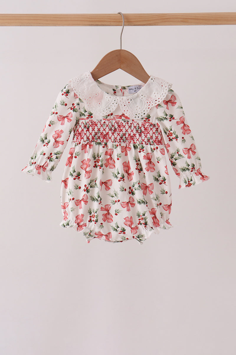 Red Holly Bow Smocked Lace Bubble - Aaria Tees