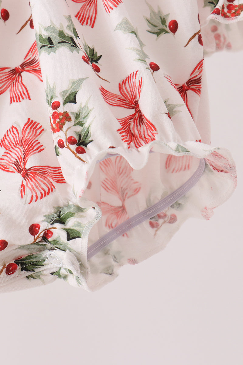 Red Holly Bow Smocked Lace Bubble - Aaria Tees Aaria Tees