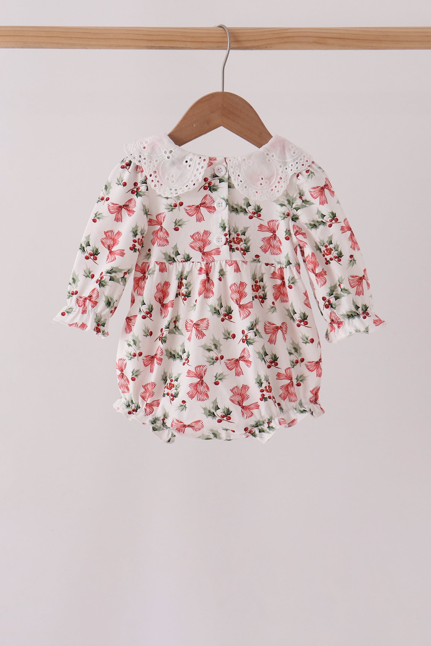 Red Holly Bow Smocked Lace Bubble - Aaria Tees Aaria Tees