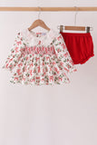 Red Holly Bow Smocked Lace Bloomer Set - Aaria Tees Aaria Tees