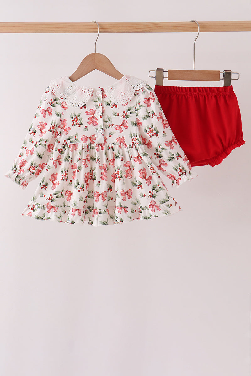 Red Holly Bow Smocked Lace Bloomer Set - Aaria Tees Aaria Tees
