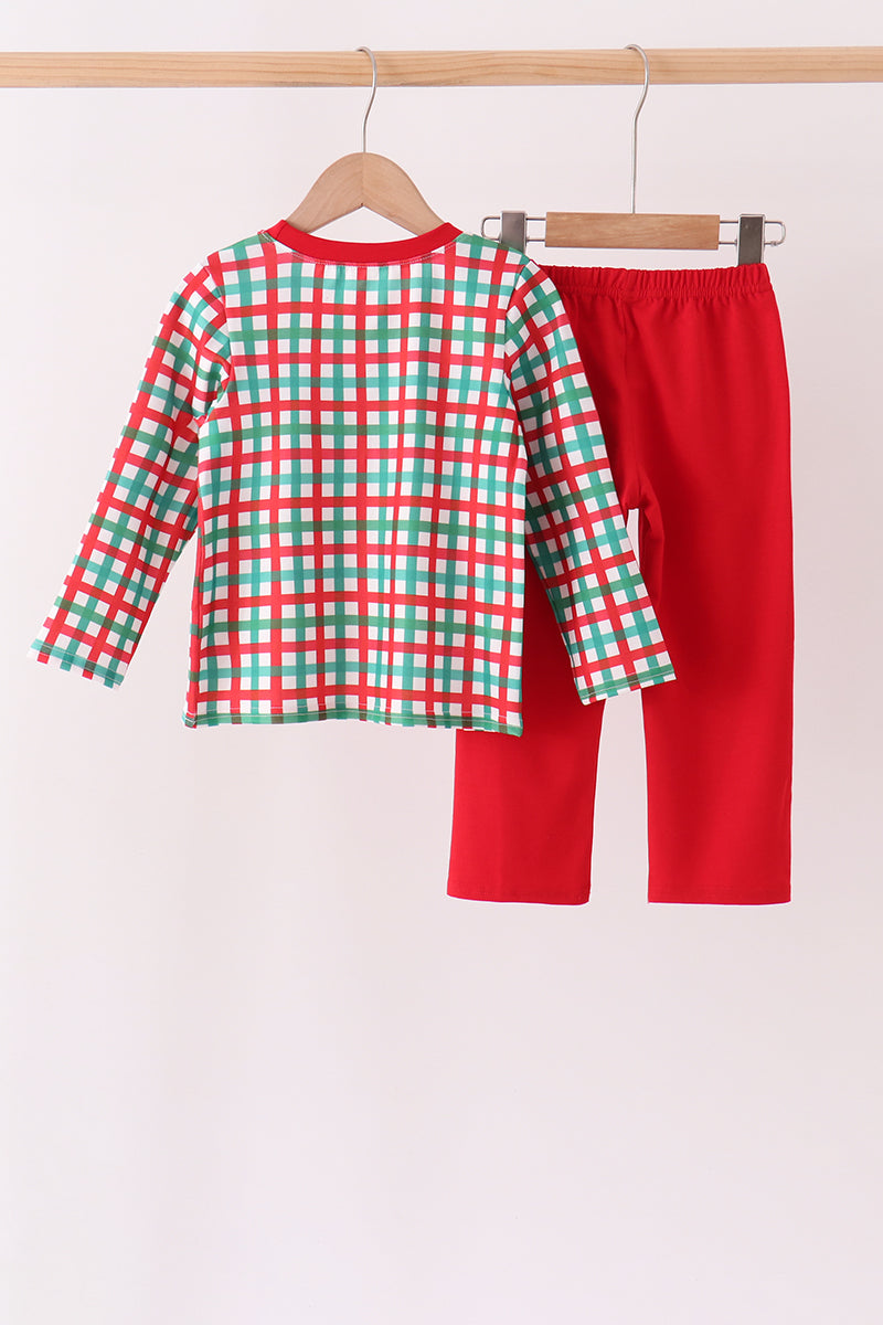 Red Character Embroidery Gingham Pants Set - Aaria Tees Aaria Tees