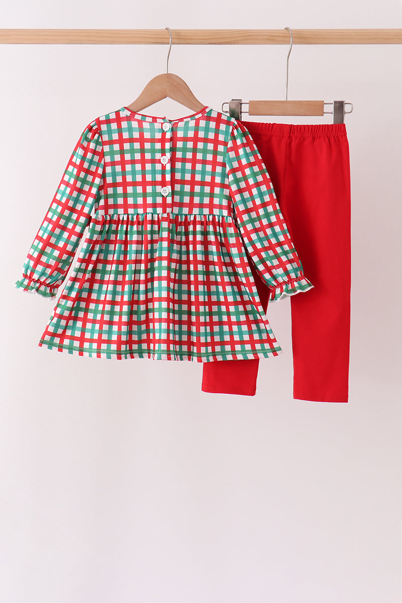 Red Character Embroidery Gingham Ruffle Pants Set - Aaria Tees Aaria Tees