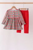 Red Character Embroidery Gingham Ruffle Pants Set - Aaria Tees Aaria Tees