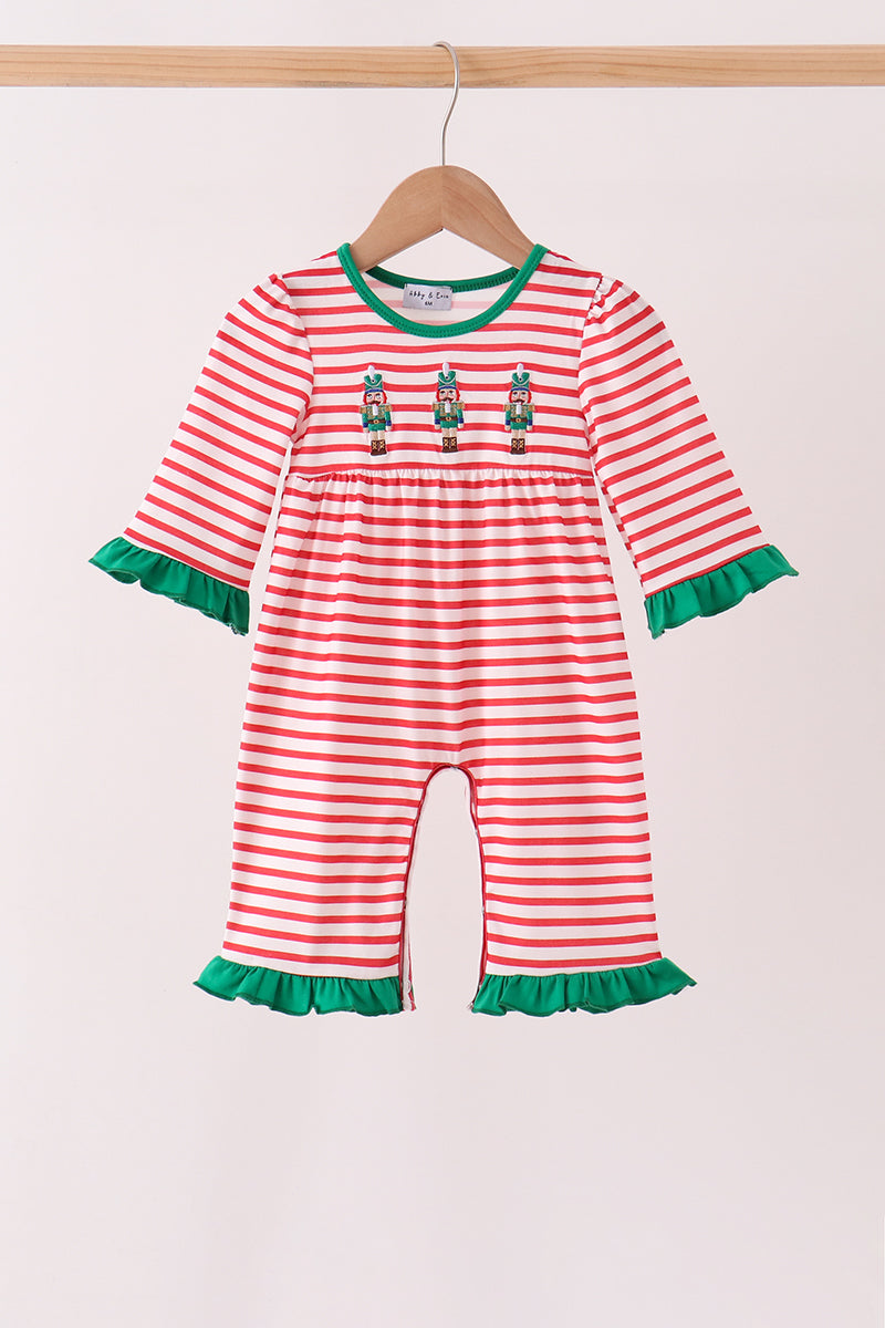 Red Nutcracker Embroidery Ruffle Stripe Romper - Aaria Tees Aaria Tees