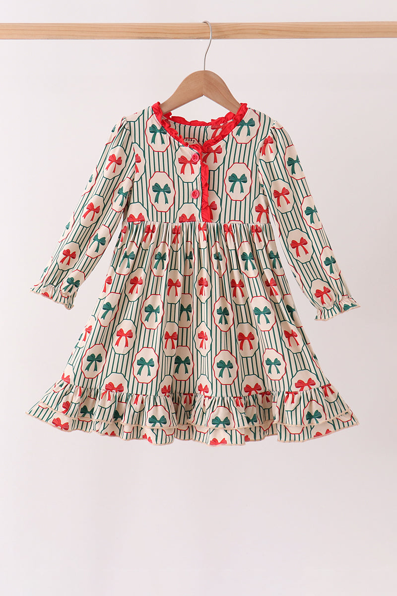 Green Christmas Bow Ruffle Bamboo Dress - Aaria Tees