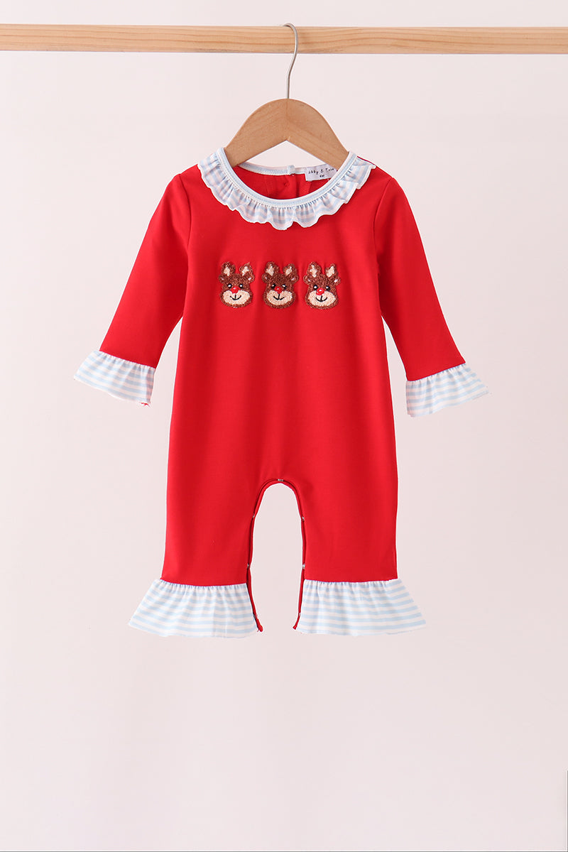 Red Reindeer French Knot Ruffle Romper - Aaria Tees Aaria Tees