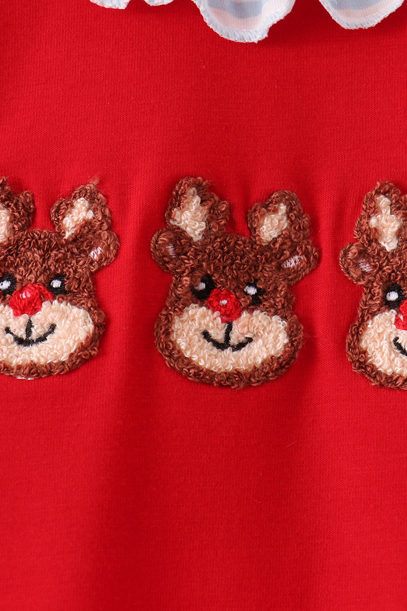 Red Reindeer French Knot Ruffle Romper - Aaria Tees Aaria Tees