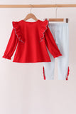 Red Reindeer French Knot Ruffle Pants Set - Aaria Tees Aaria Tees