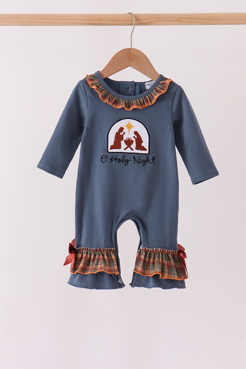 Blue Nativity Embroidery Ruffle Romper - Aaria Tees