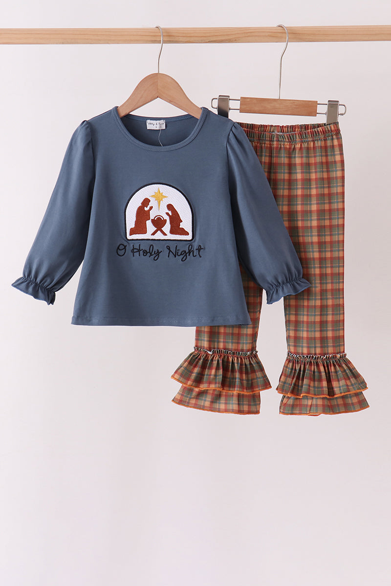 Blue Nativity Embroidery Ruffle Pants Set - Aaria Tees