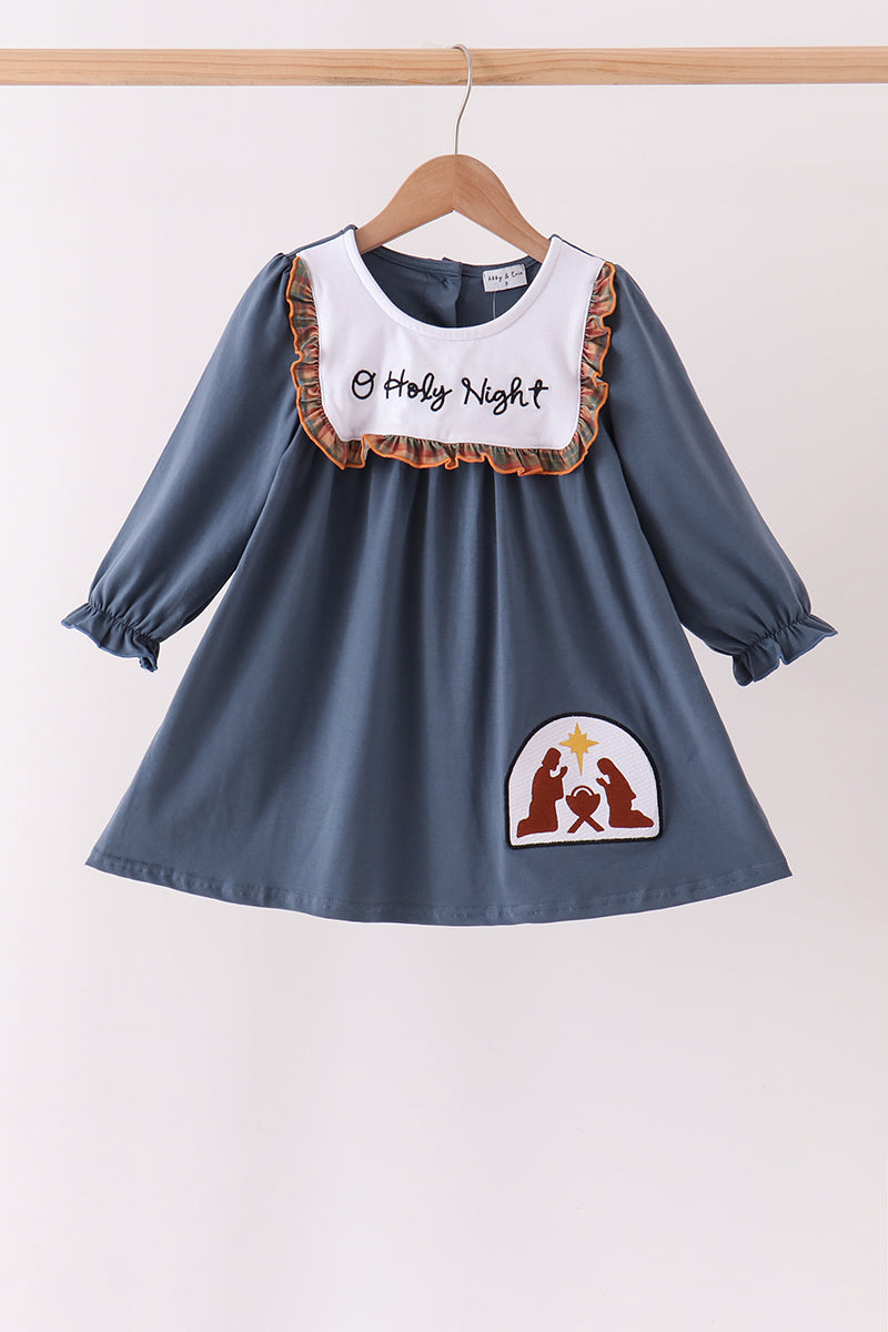 Blue Nativity Embroidery Ruffle Dress - Aaria Tees Aaria Tees