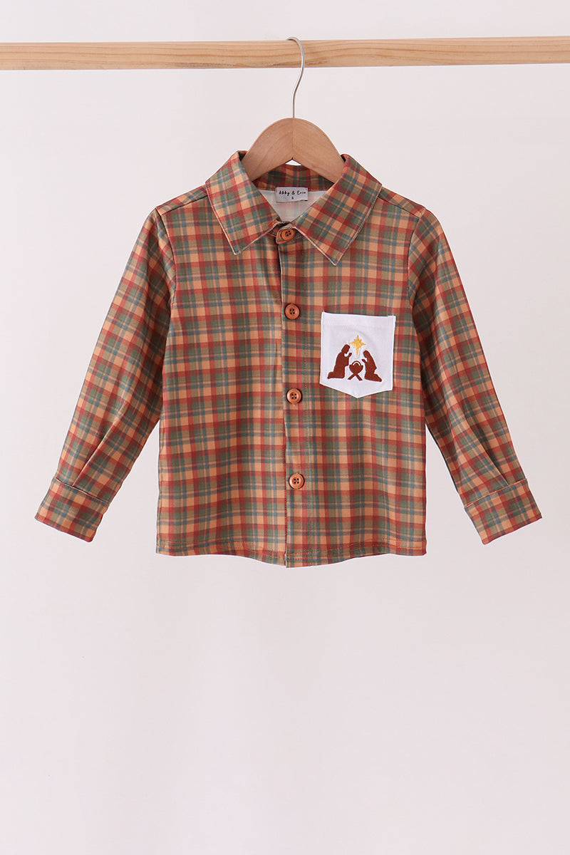 Brown Nativity Embroidery Button Down Shirt - Aaria Tees Aaria Tees