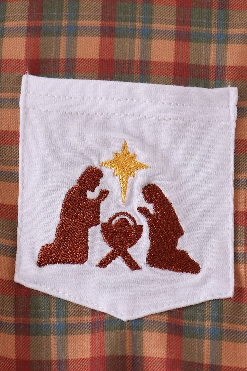 Brown Nativity Embroidery Button Down Shirt - Aaria Tees Aaria Tees