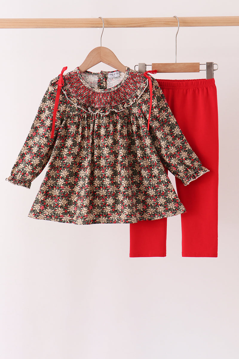 Red Floral Smocked Pants Set - Aaria Tees