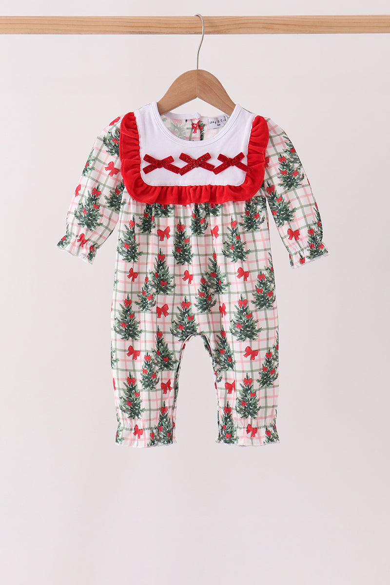 Red Bow Embroidery Velvet Ruffle Romper - Aaria Tees