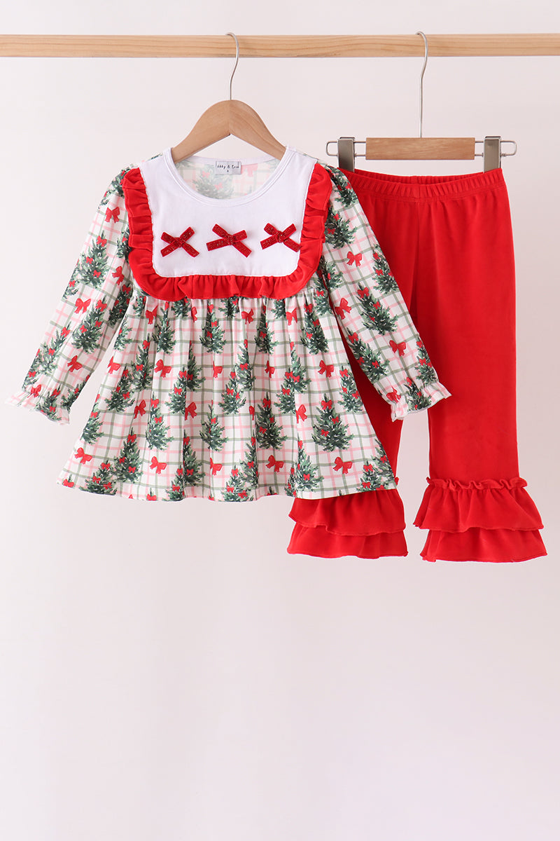 Red Bow Embroidery Velvet Ruffle Pants Set - Aaria Tees Aaria Tees
