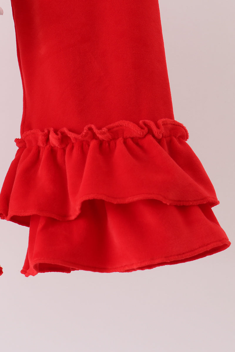 Red Bow Embroidery Velvet Ruffle Pants Set - Aaria Tees Aaria Tees