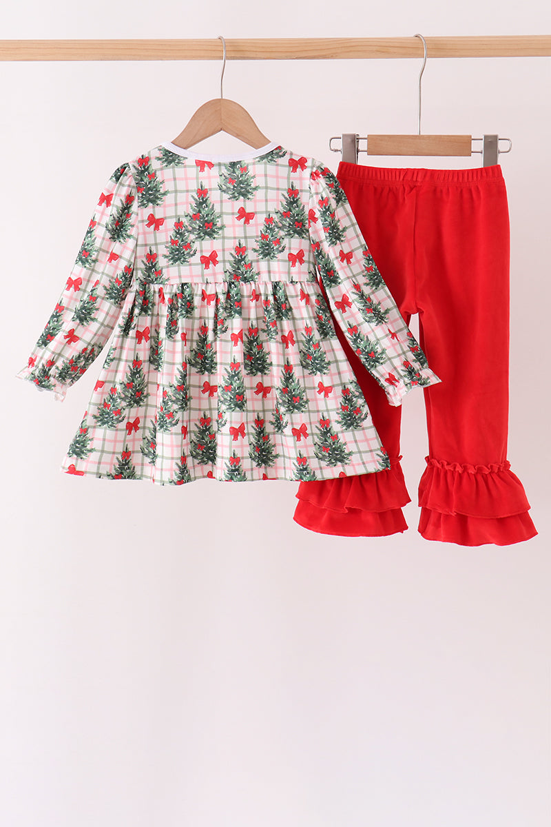 Red Bow Embroidery Velvet Ruffle Pants Set - Aaria Tees Aaria Tees