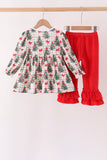 Red Bow Embroidery Velvet Ruffle Pants Set - Aaria Tees Aaria Tees
