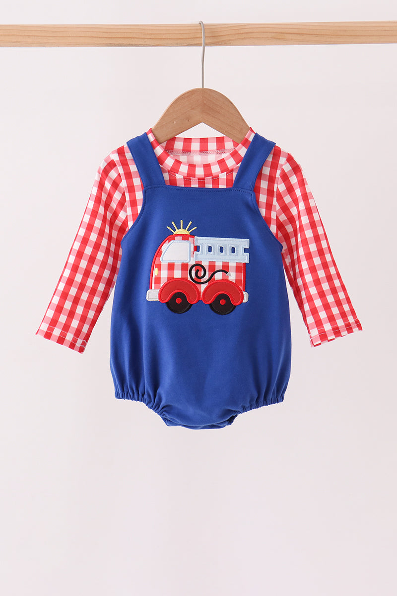 Blue Fire Truck Applique Gingham 2pc Set - Aaria Tees Aaria Tees