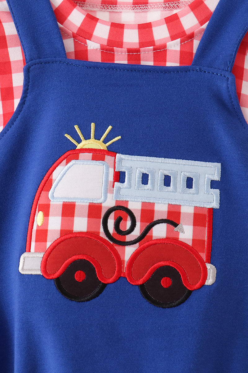 Blue Fire Truck Applique Gingham 2pc Set - Aaria Tees Aaria Tees