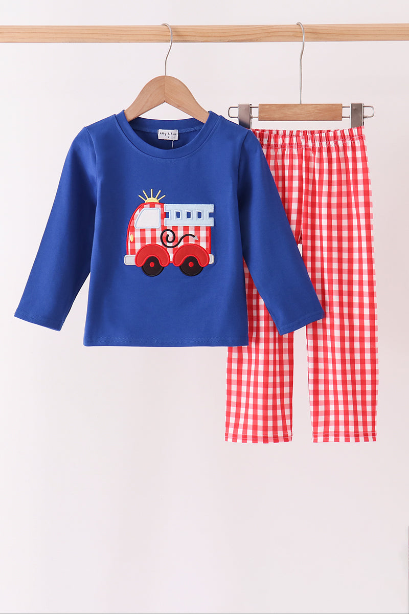 Blue Fire Truck Applique Gingham Pants Set - Aaria Tees