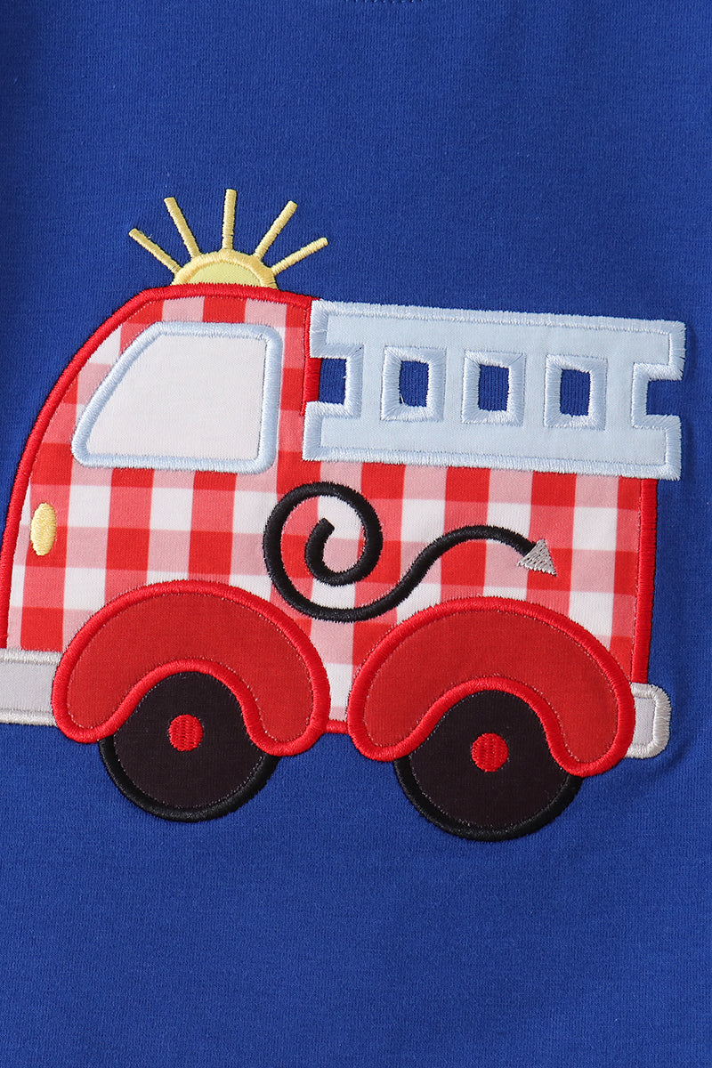 Blue Fire Truck Applique Gingham Pants Set - Aaria Tees Aaria Tees