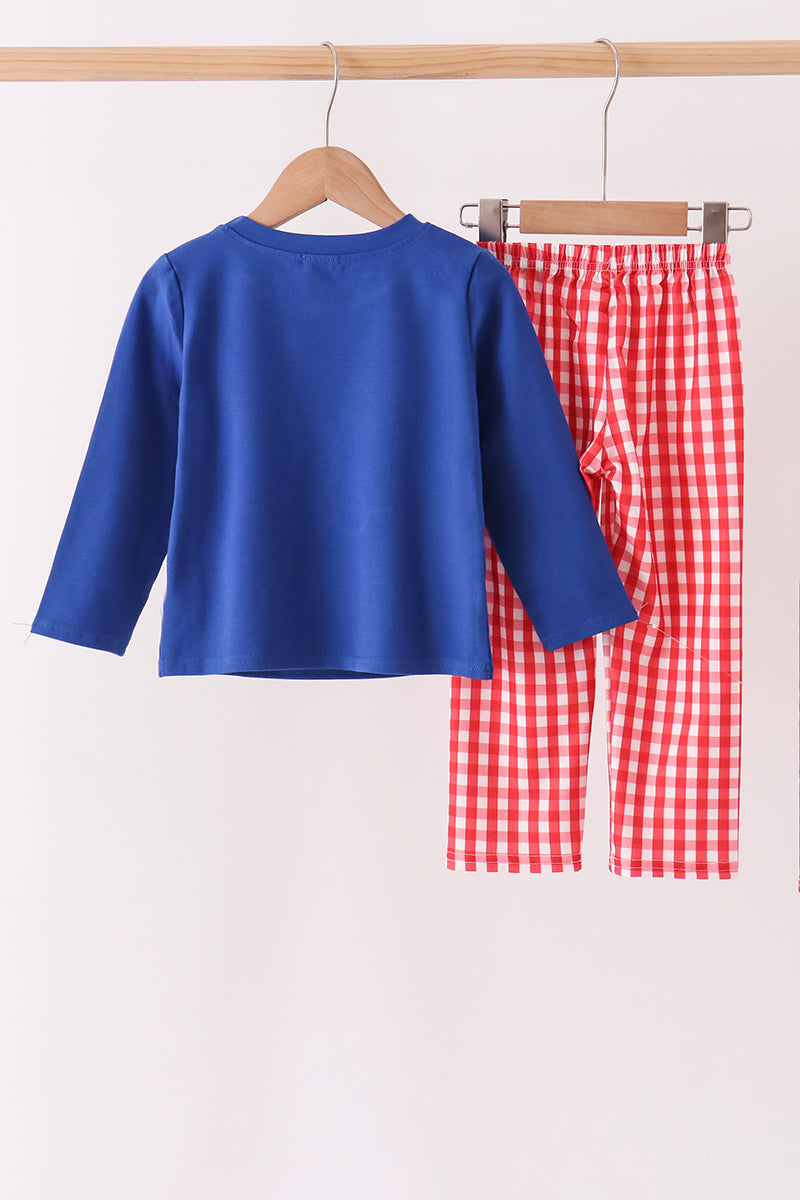 Blue Fire Truck Applique Gingham Pants Set - Aaria Tees Aaria Tees