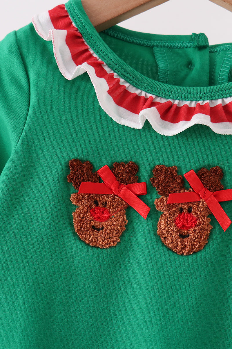 Green Reindeer French Knot Ruffle Romper - Aaria Tees Aaria Tees