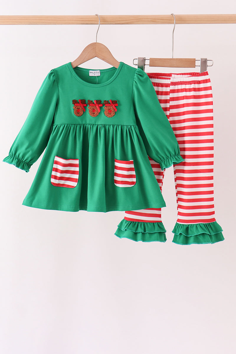 Green Reindeer French Knot Ruffle Pants Set - Aaria Tees