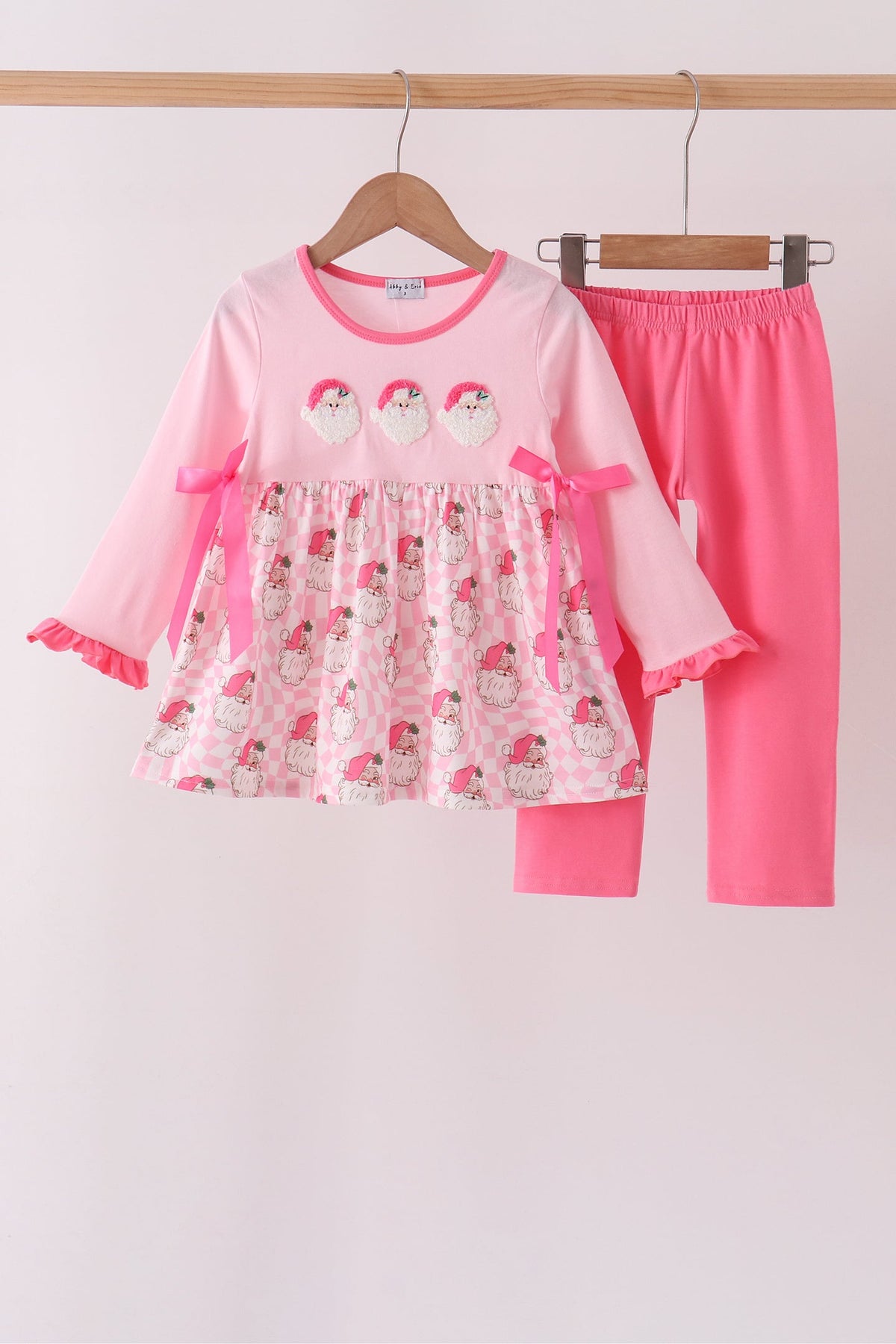 Pink Santa French Knot Bow Pants Set - Aaria Tees