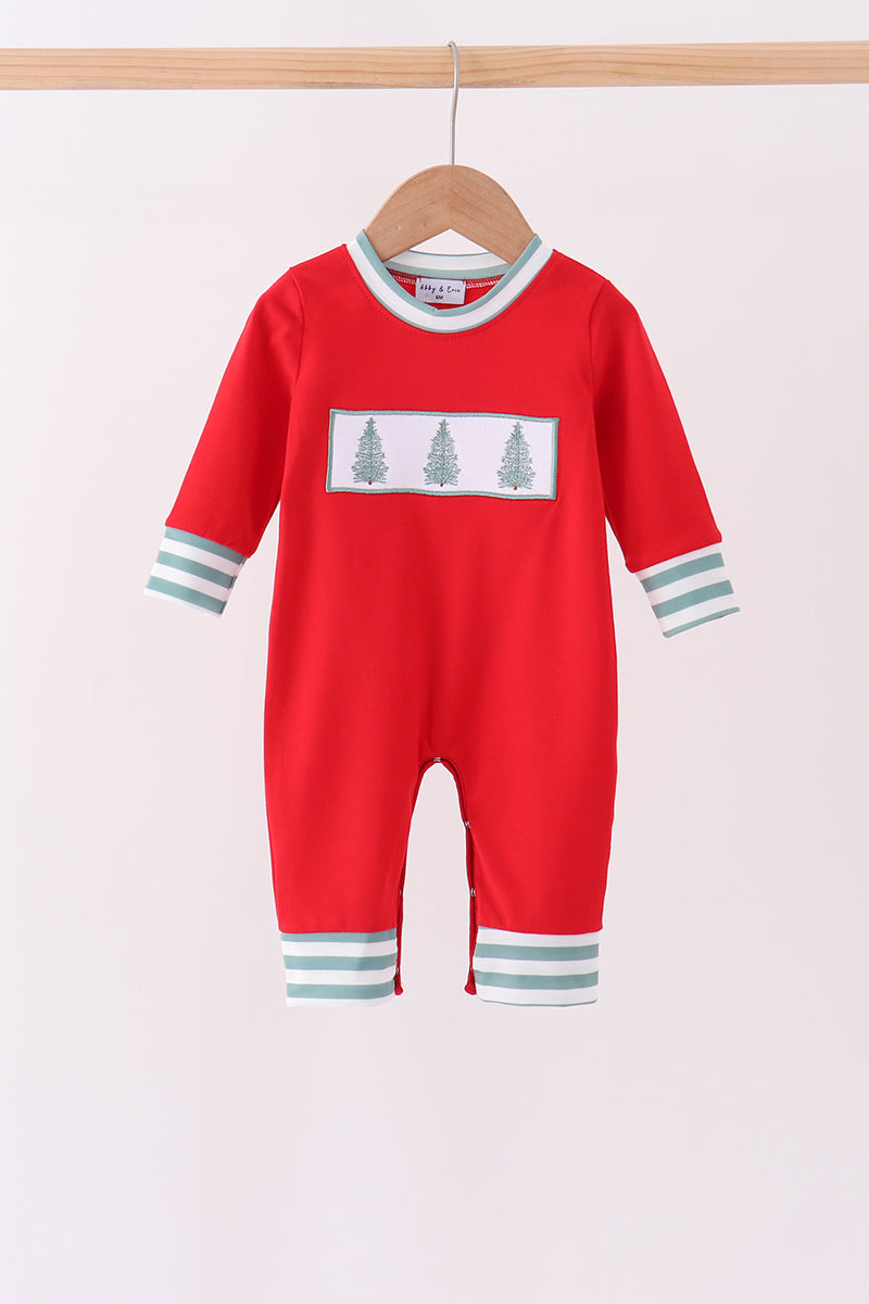 Red Christmas Tree Embroidery Romper - Aaria Tees