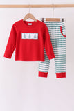 Red Christmas Tree Embroidery Stripe Pants Set - Aaria Tees Aaria Tees