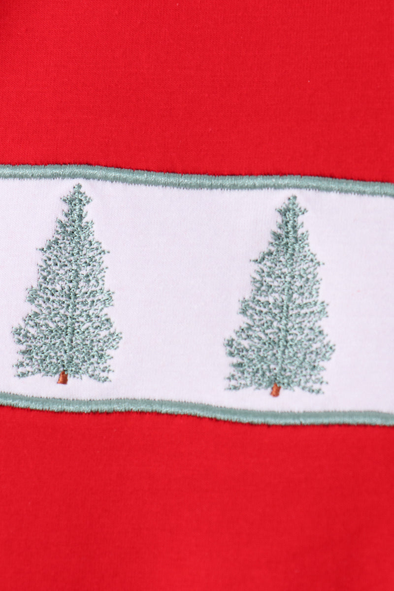 Red Christmas Tree Embroidery Stripe Pants Set - Aaria Tees Aaria Tees